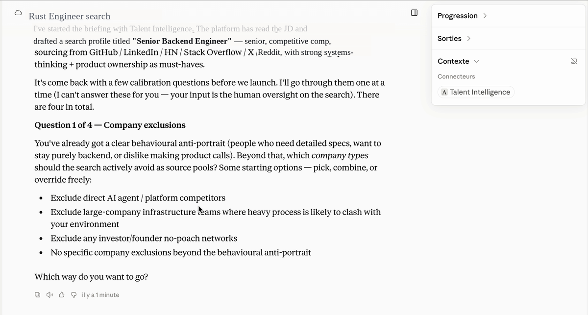 Talent Intelligence running inside Claude, asking a calibration question about company exclusions during a Rust engineer search brief